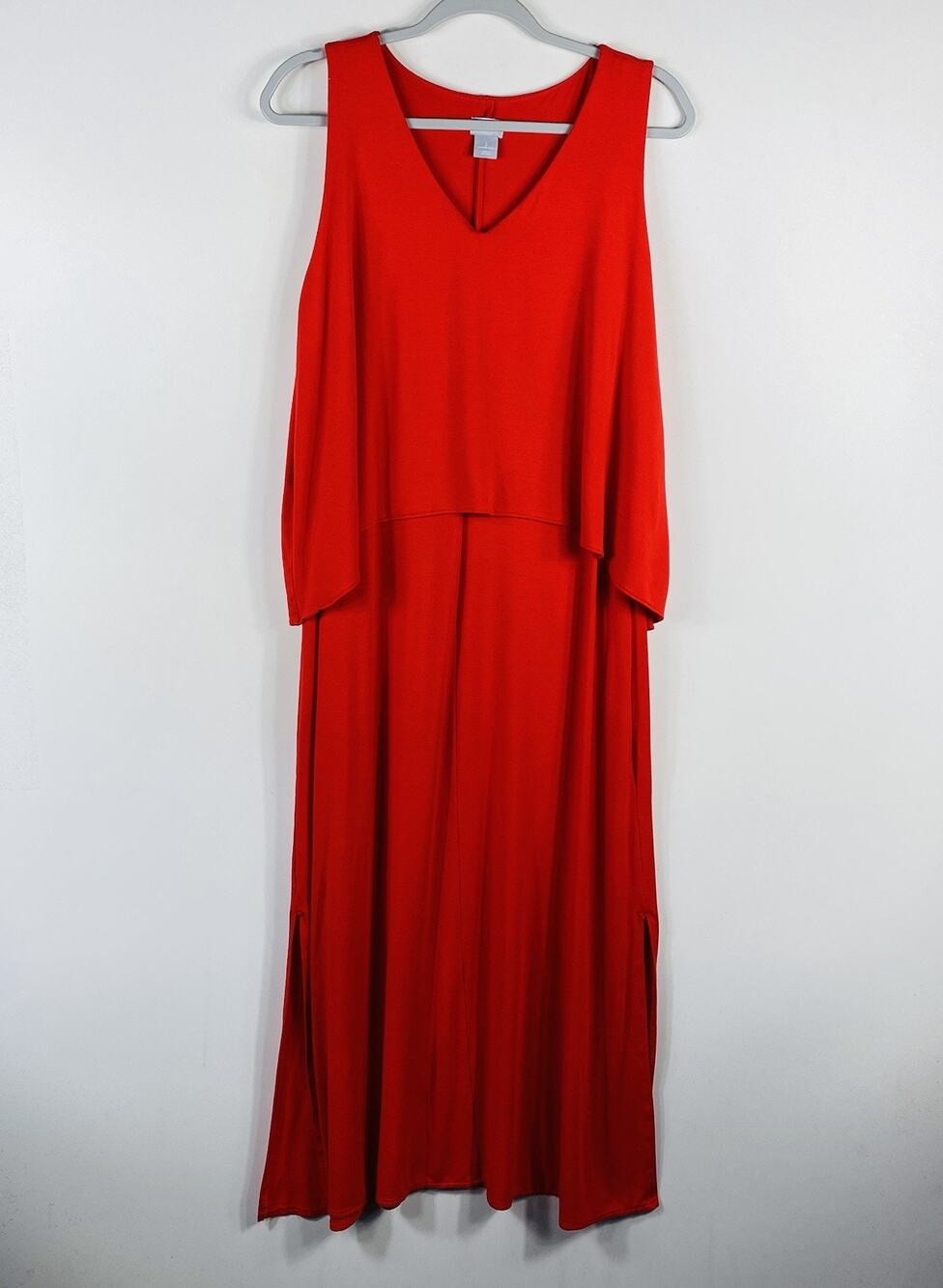 Chico's Maxi Dress Large 2 12 14 Red Popover Sleeveless Stretch V-Neck Side Slit